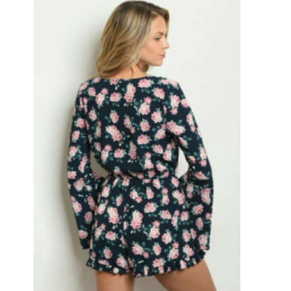 Navy floral romper bell sleeves size S M L SALE - Picture 2 of 6